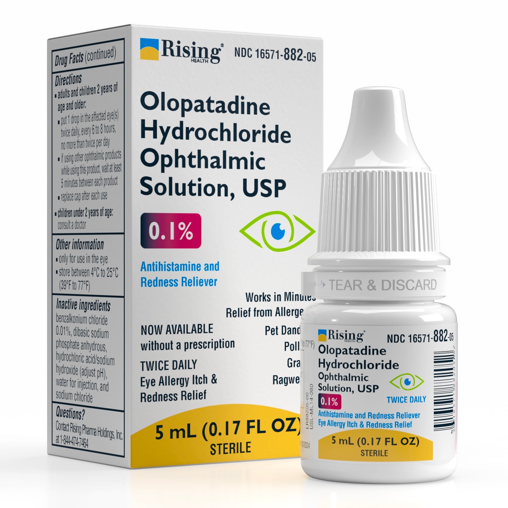 Olopatadine 0.1% ophthalmic solution twice-daily eye allergy drops bottle — Rising Health