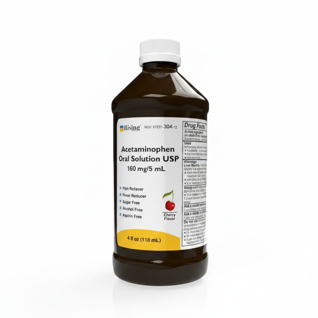 Children's Acetaminophen 160 mg per 5 mL berry-flavored oral suspension bottle — Rising Health