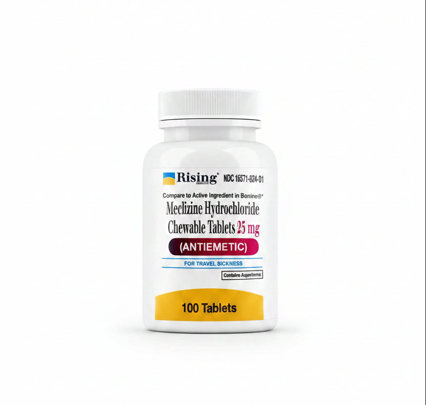Meclizine HCl 25mg motion sickness tablets box — Rising Health