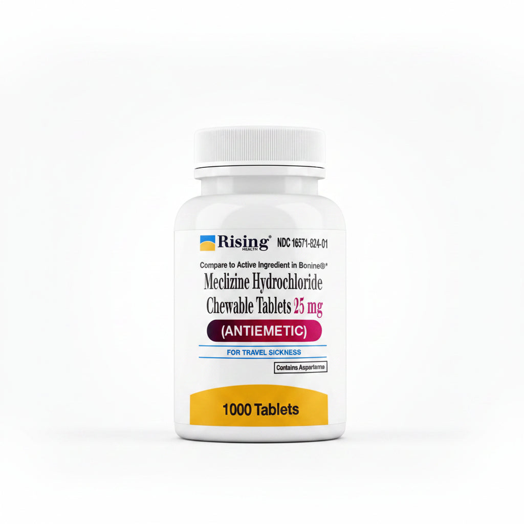 Meclizine HCl 25mg motion sickness tablets box — Rising Health