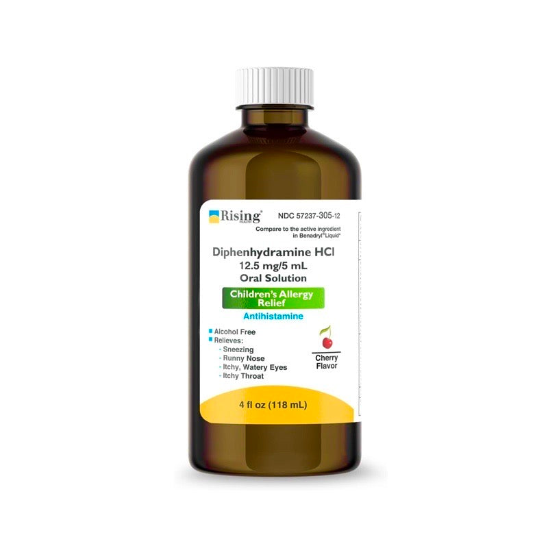 Diphenhydramine HCl 12.5mg per 5mL cherry-flavored oral solution bottle — Rising Health