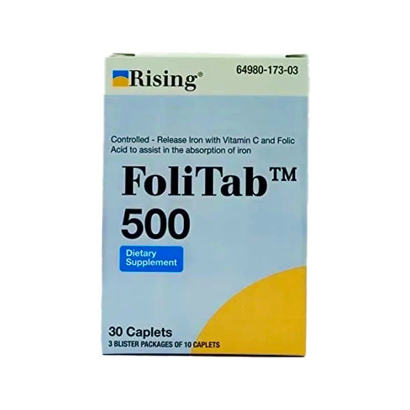 FoliTab 500 iron vitamin C folic acid caplets bottle — Rising Health