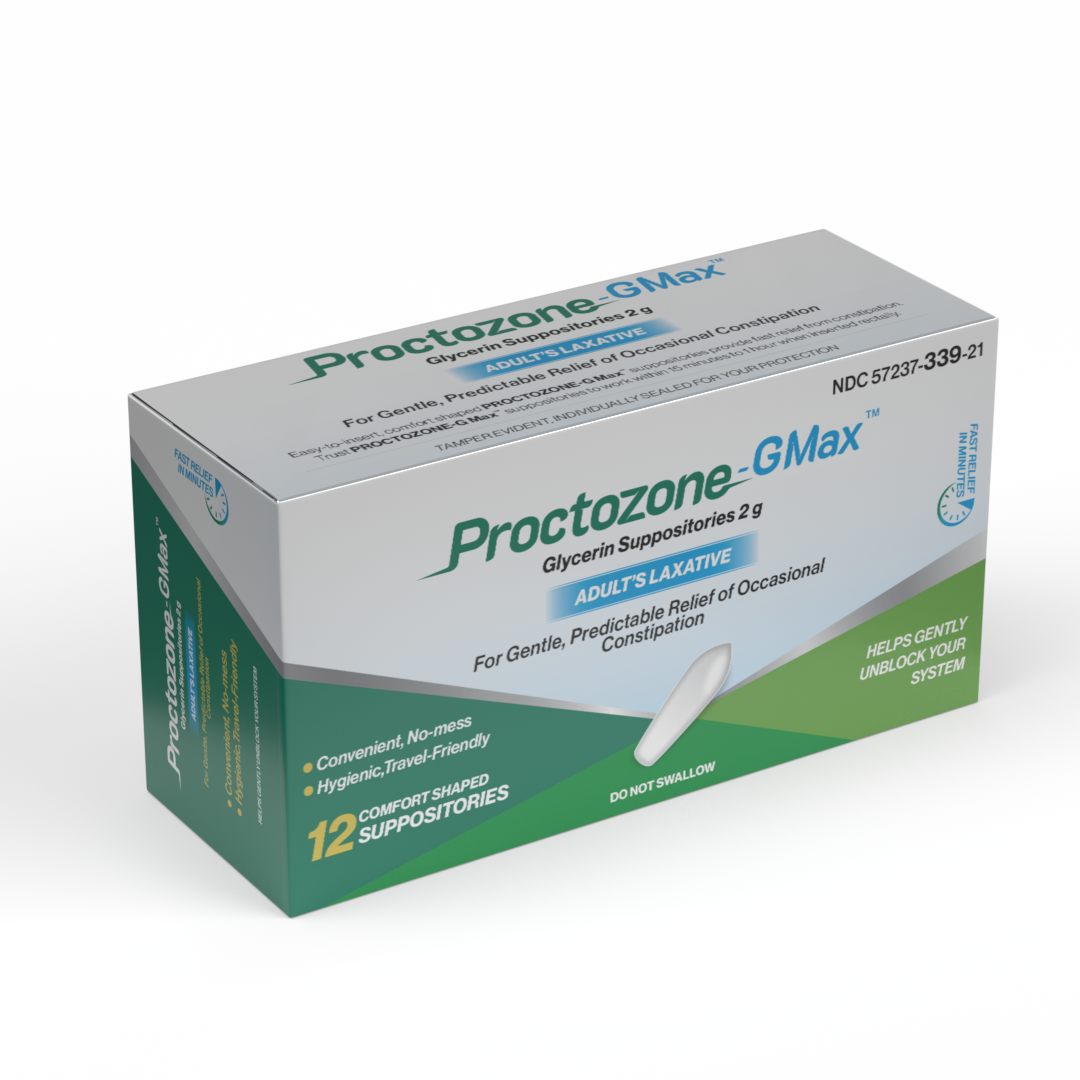 Proctozone-GMax adult glycerin suppositories 2g box front — Rising Health